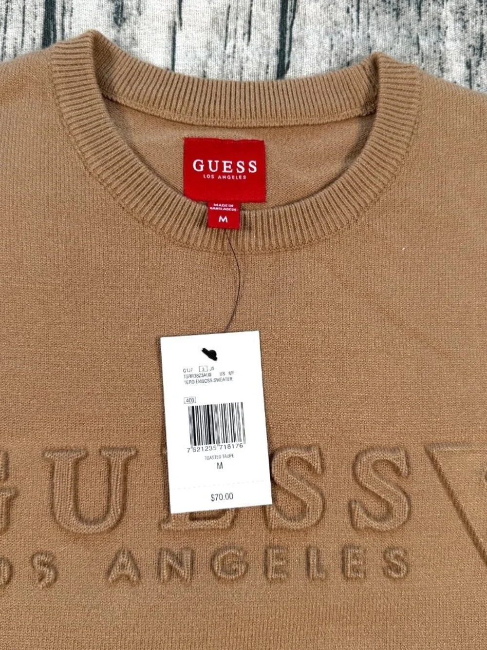 GUESS Tero Emboss Sweater Sweater M Brown Rayon Pullover Made in Bangladesh NWT